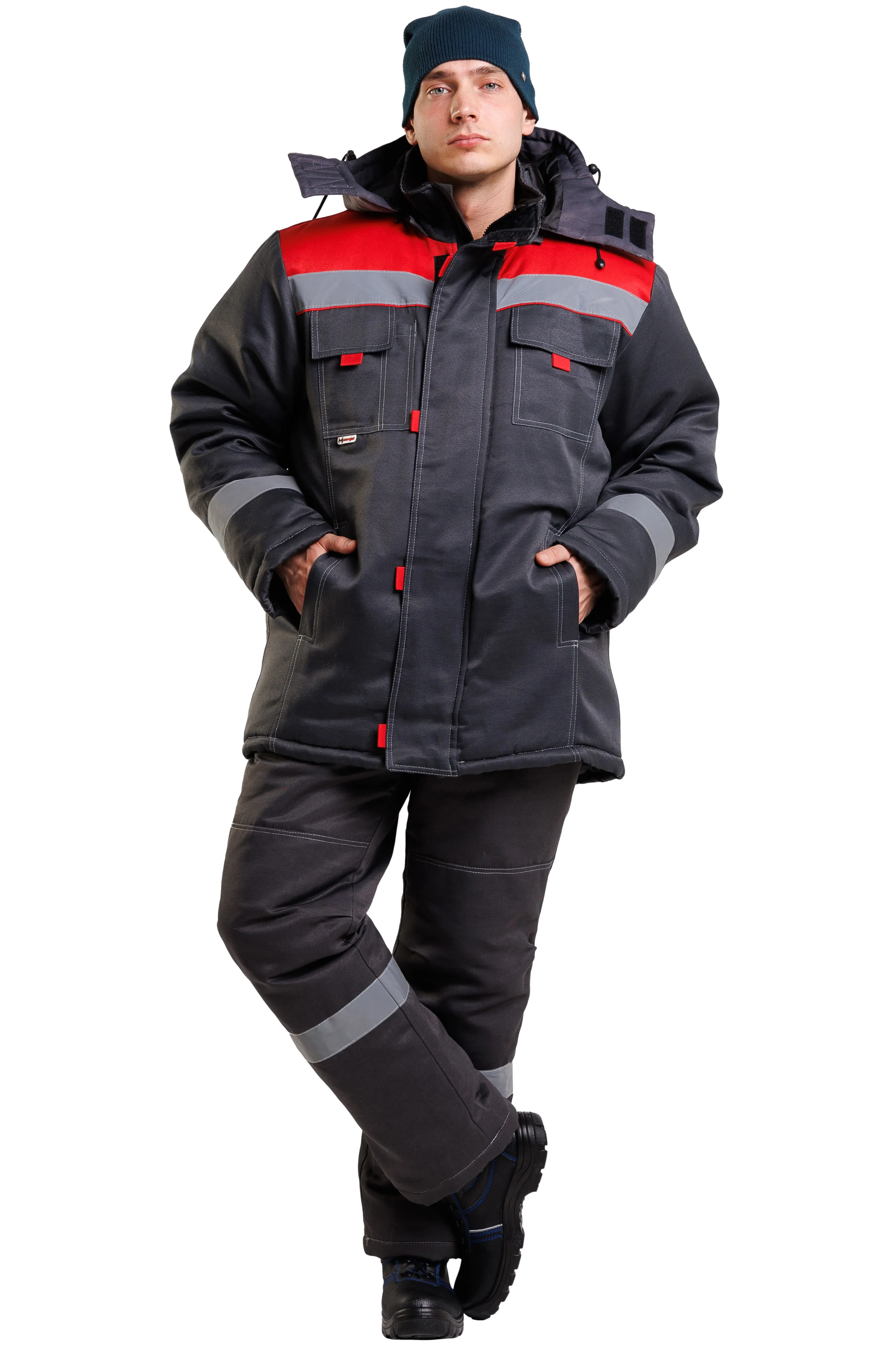 Костюм утеплённый мужской Компакт плюс, смес. кур+п/к серо-красный